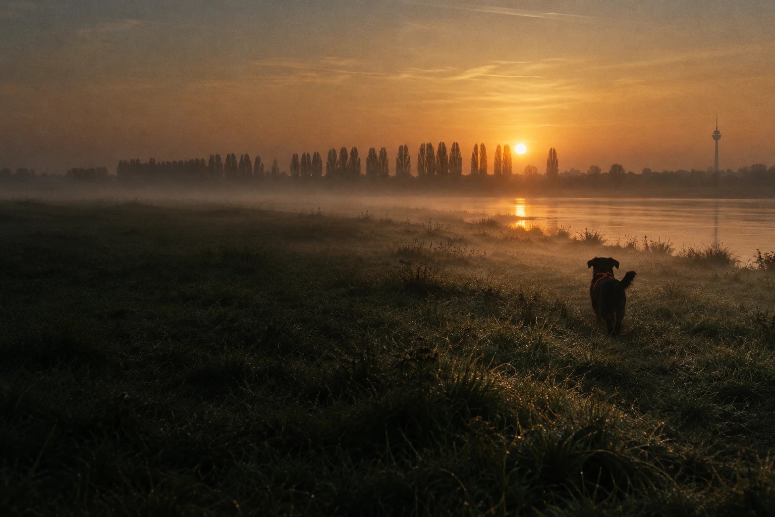 Morgennebel über den Rheinwiesen: ein Hund läuft durchs nasse Gras zum Rhein, hinten Pappeln, Sonnenaufgang und der Rheinturm.
