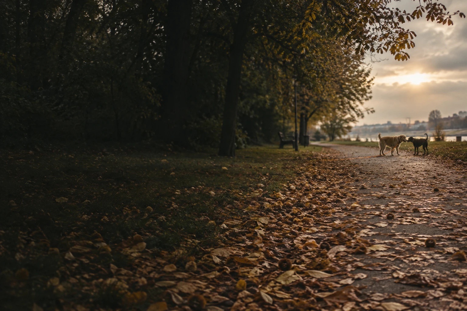 Parkweg voller Kastanienlaub im Oktober, weit hinten begrüßen sich zwei Hunde.