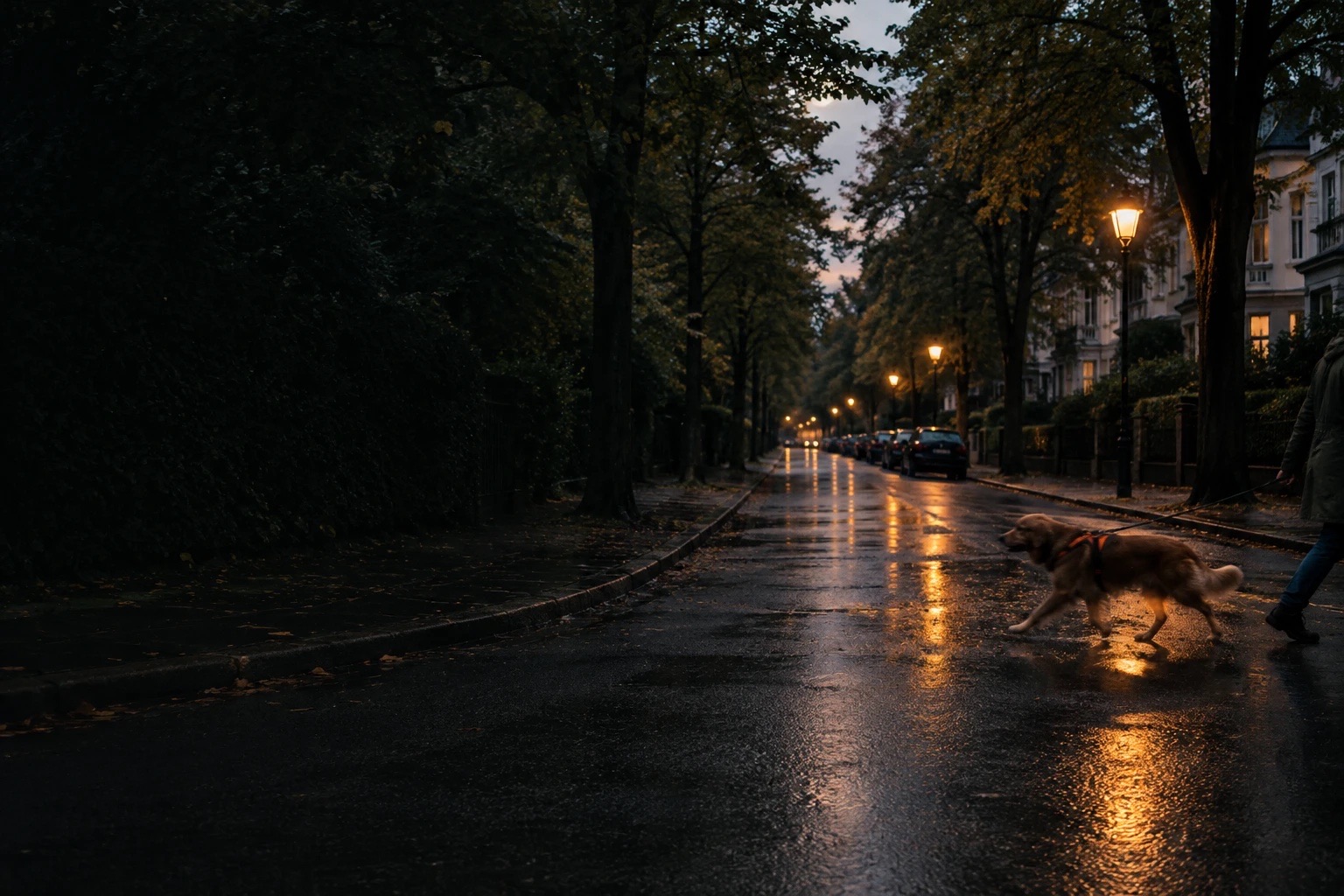 Allee in der Dämmerung: ein Hund mit orangem Geschirr quert die nass glänzende Straße unter Laternen.