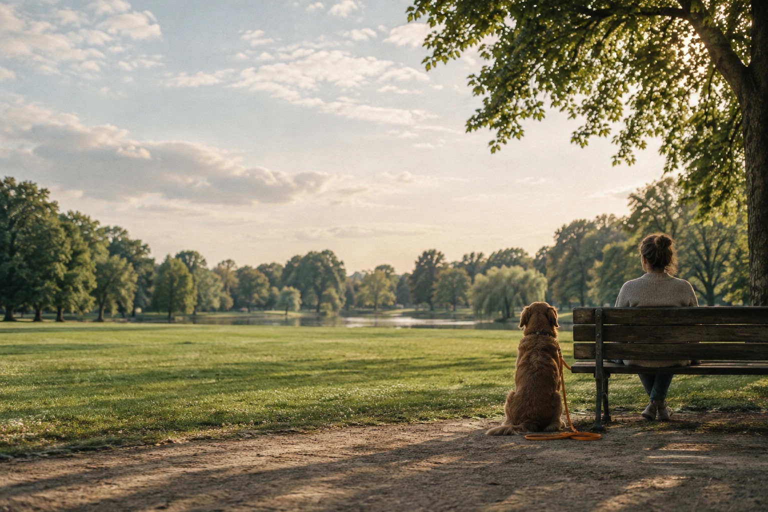Halterin sitzt auf einer Bank im Hofgarten, ihr Golden Retriever neben ihr — beide schauen in den Park.