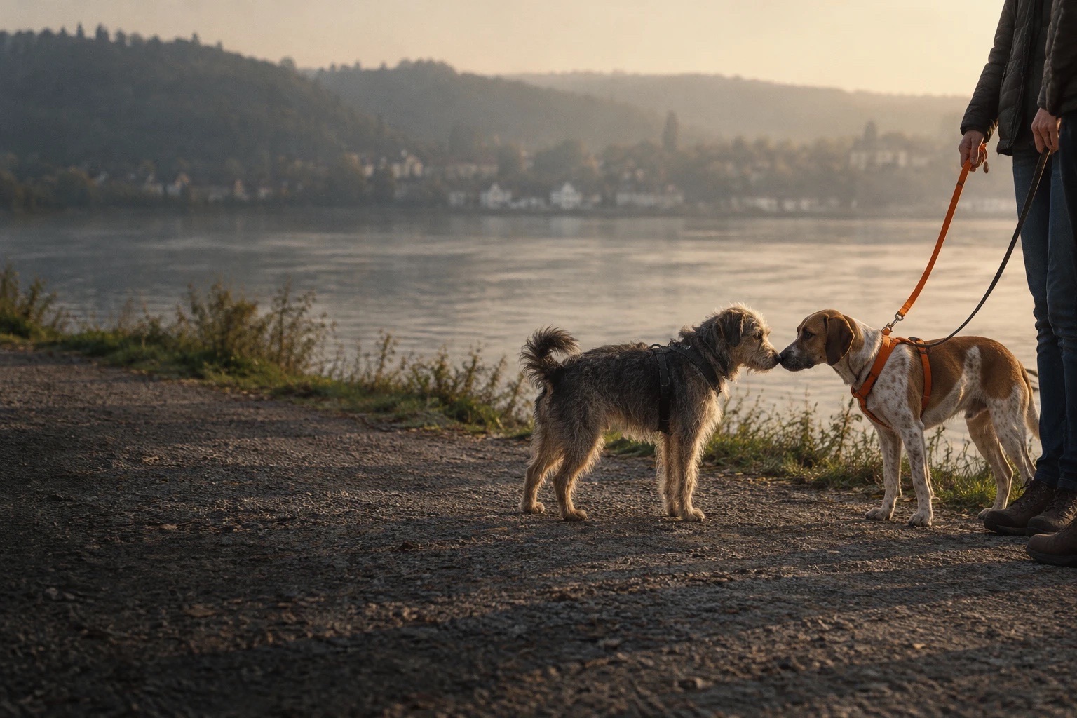 Zwei Hunde begrüßen sich Nase an Nase auf einem Kiesweg am Rhein, die Halter angeschnitten im Bild.